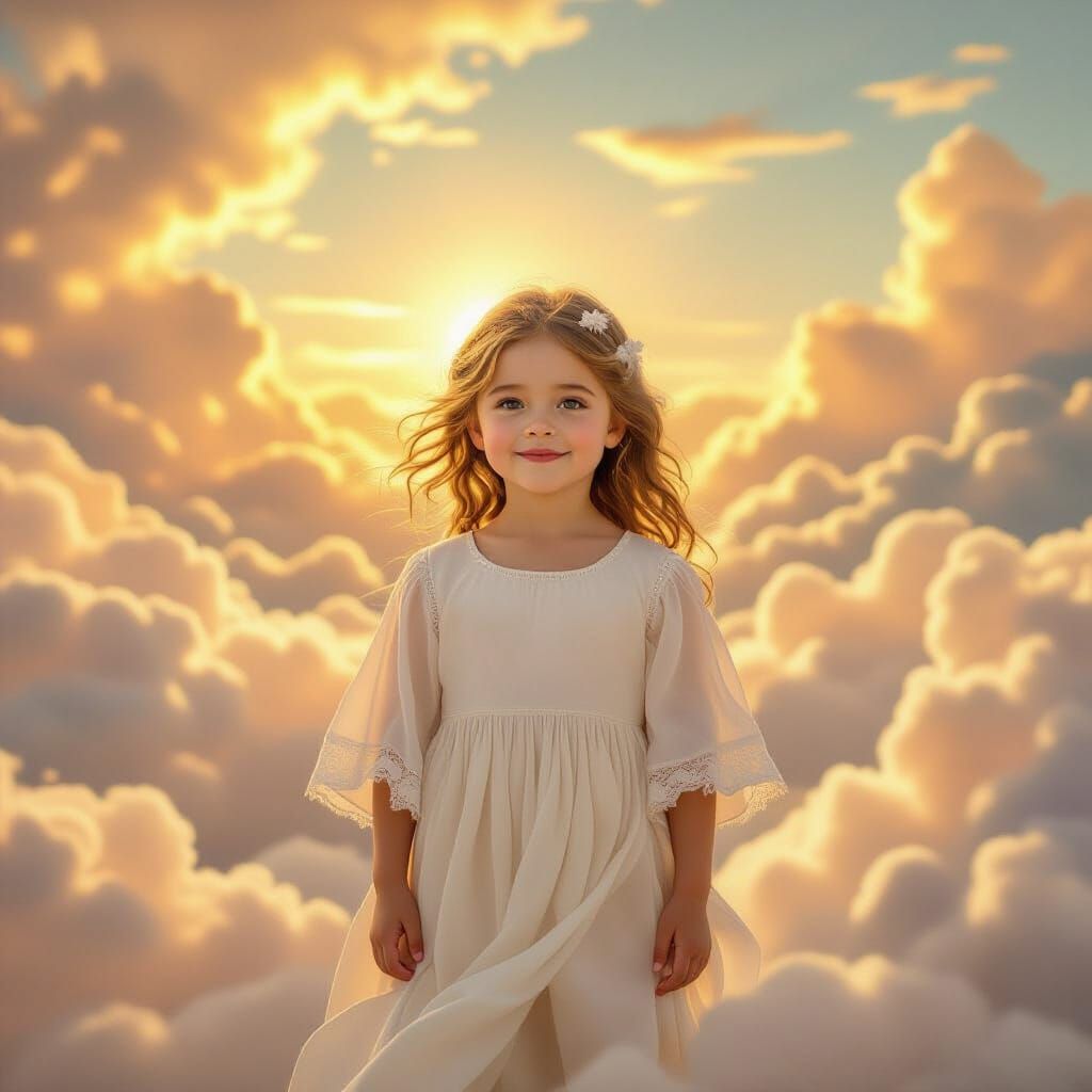 Joyful Girl in Ethereal Clouds at Golden Hour