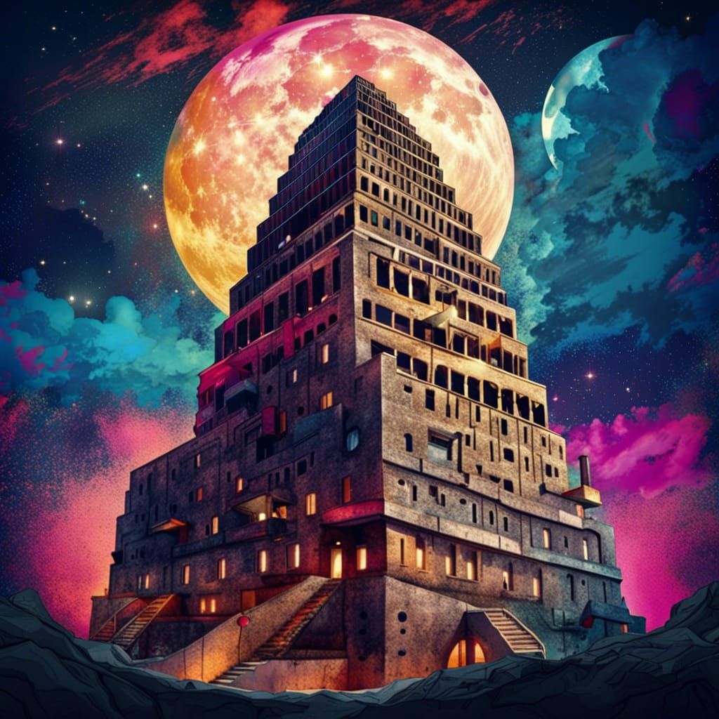 Babel Tower by night sky moonlight 8k beautiful colors fine details