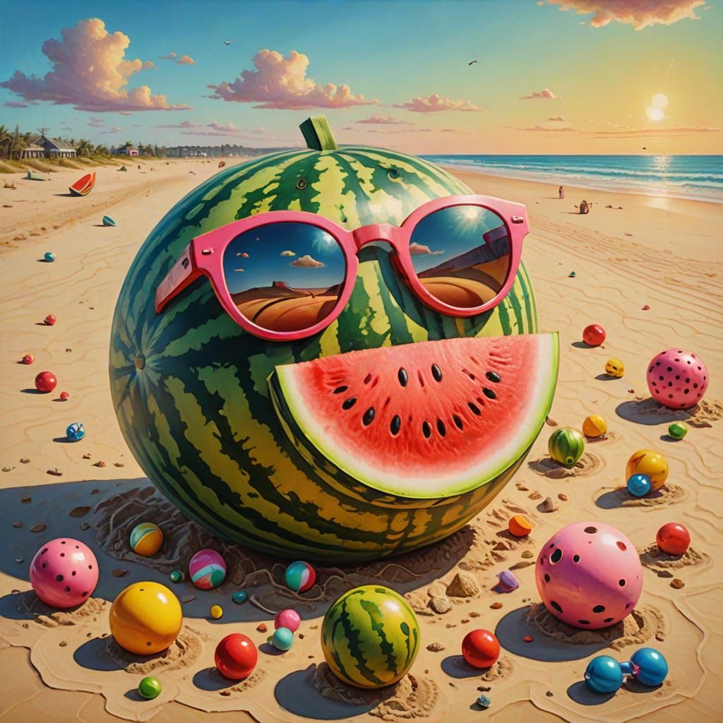 Surreal Watermelon with Sunglasses on Deserted Beach