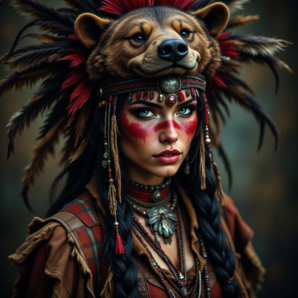Native Warrior Woman in Dramatic Cinematic Portrait