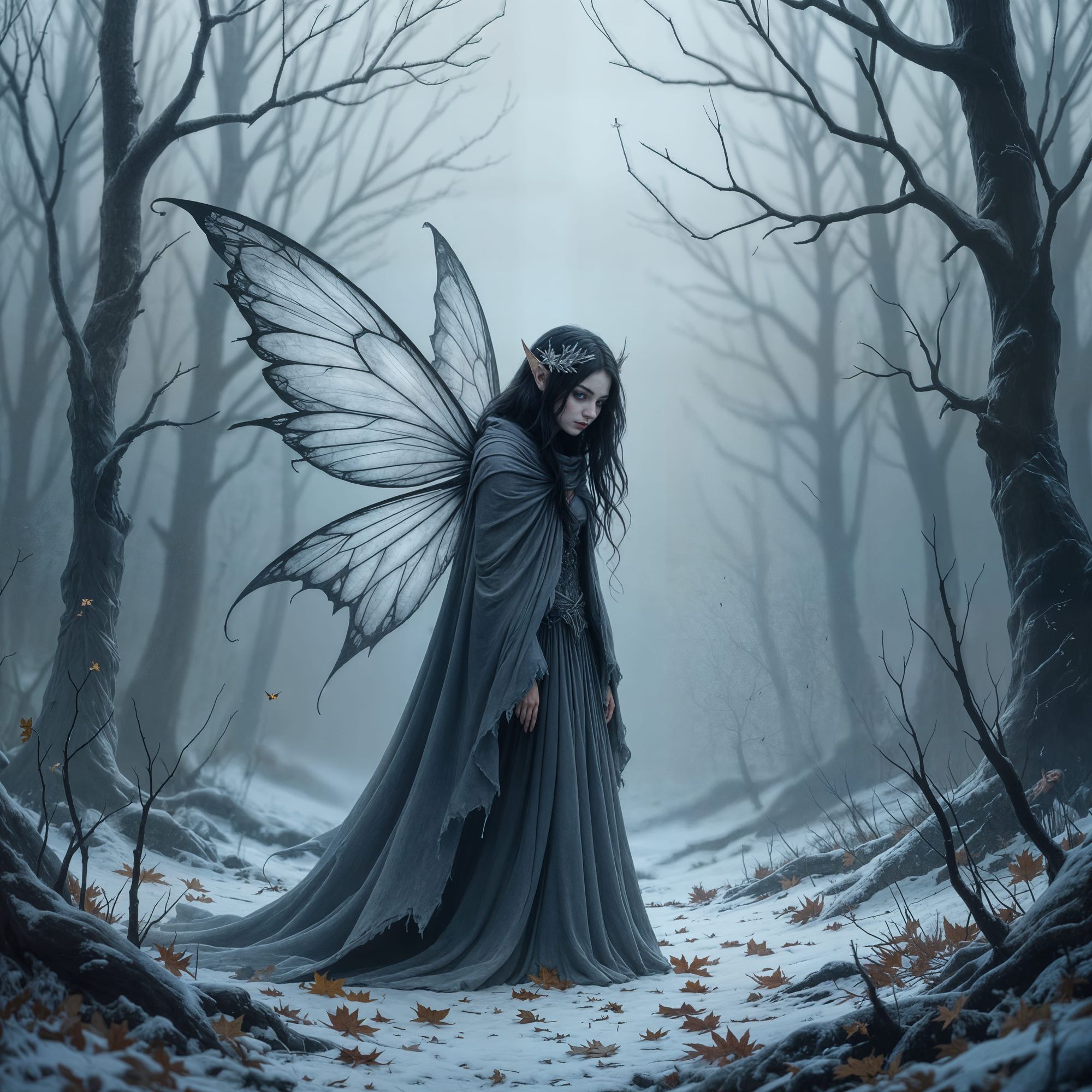 Winter fairy stands in a bleak forest of bare trees.  Wisps of wind blow fallen leaves in a small whirl.
The grey cloaked fairy with silver ...