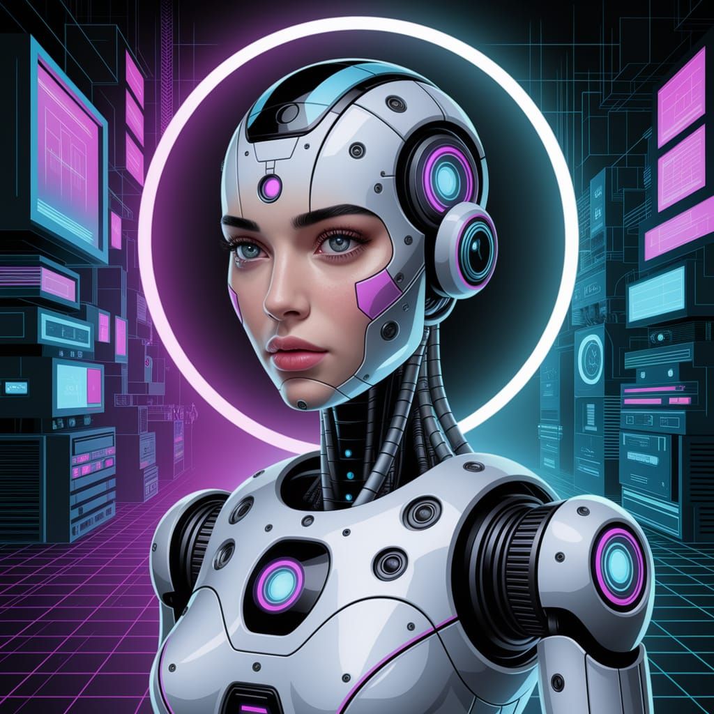 Cubist style masterpiece image of a beautiful female robot with a cubist style cyberpunk background. Facing the viewer. 