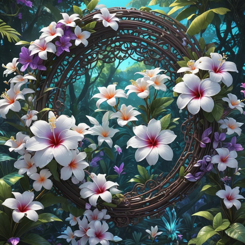 Iridescent White Filigree plumeria jungle portal purple aqua...