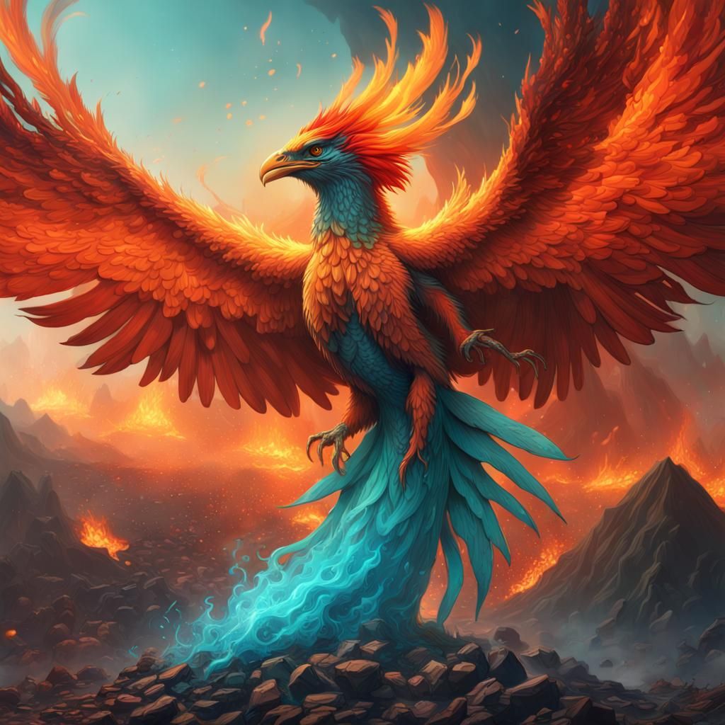 A pheonix emerging from a vulcano Epic cinematic brilliant s...
