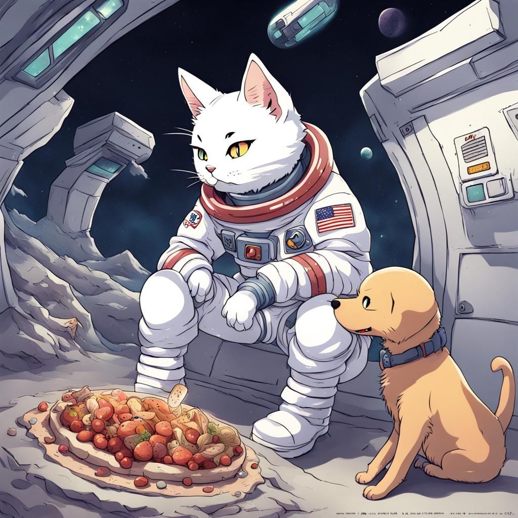 space cat eating a dog underground