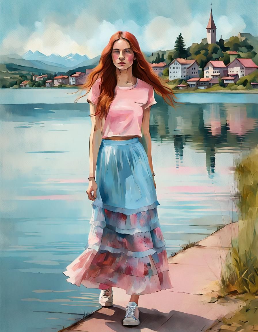 Young dreamy Swiss woman walking along the shoreline of a la...