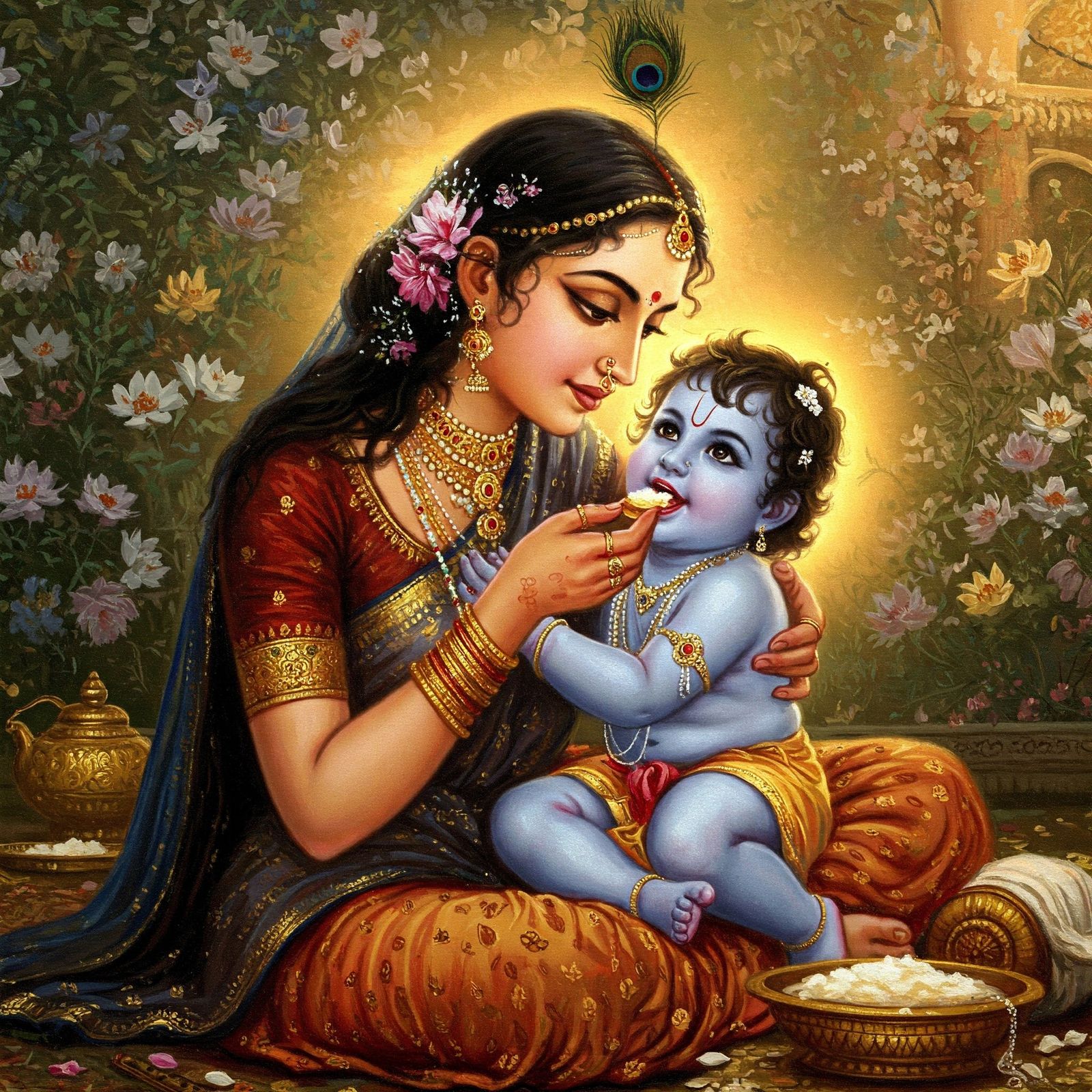 Yashoda feeding Krishna with Love