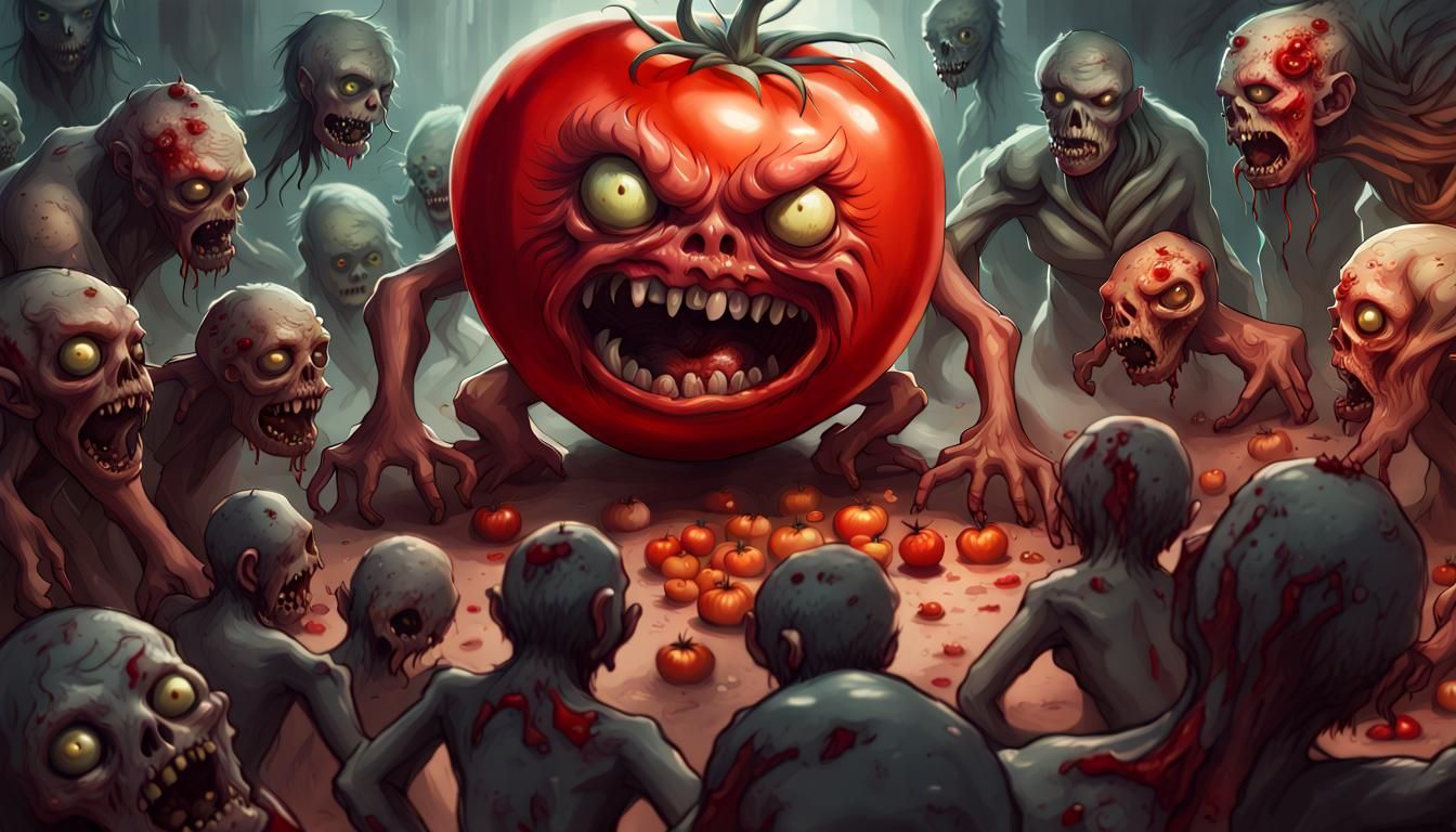 monster-tomato surrounded by zombies.  by @Erick Jimenez