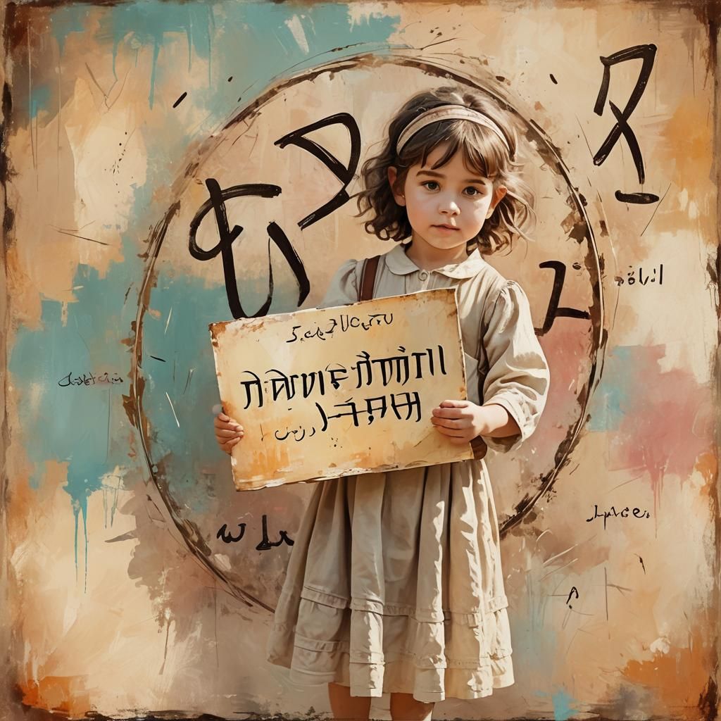 Cute Child Holds Hebrew Sign: Whimsical Digital Art