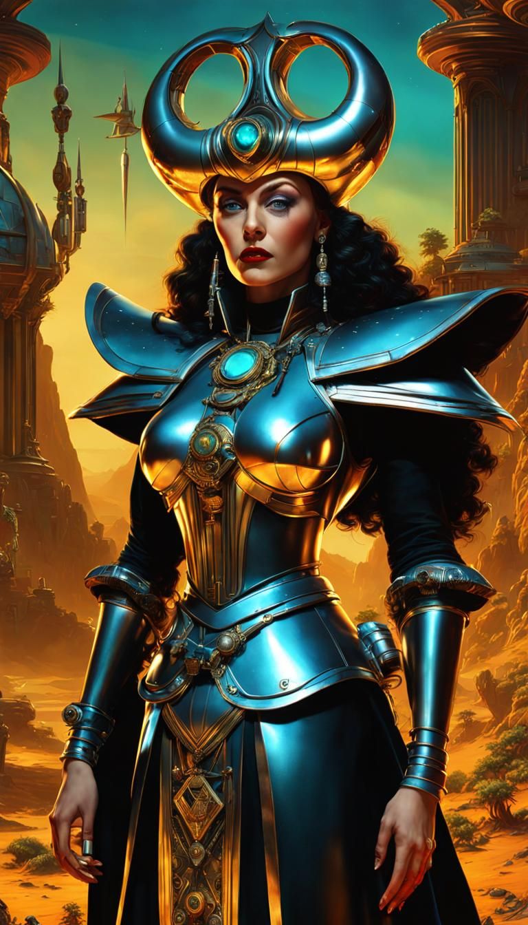 Maximalist Retro-Futuristic Goddess in Detailed Landscape