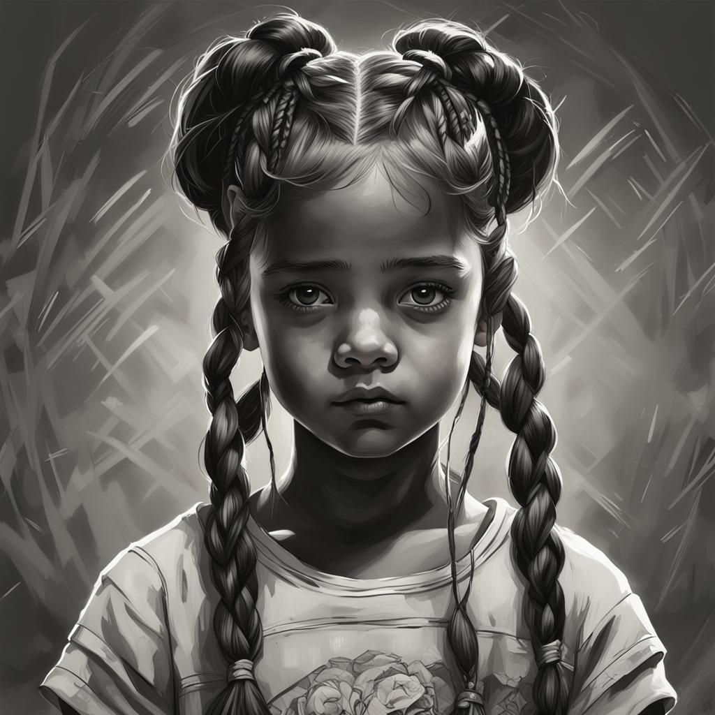 little girl touching her pigtail braids, large dark eyes, hi...