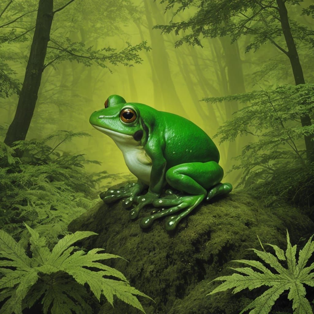 Green frog in forest setting"(monochromatic green:1.5) Jean-Baptiste Pillement" green wash  by @Shevek