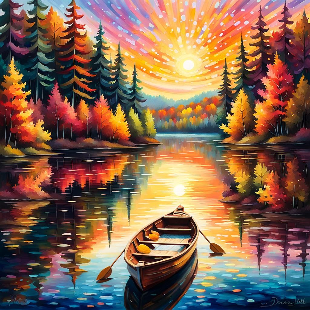 Reflection of a bokeh sunset on a lake in a beautiful autumn forest, fall trees, shack rowboat acrylic ...  by @GRAZYNA-BARBARA