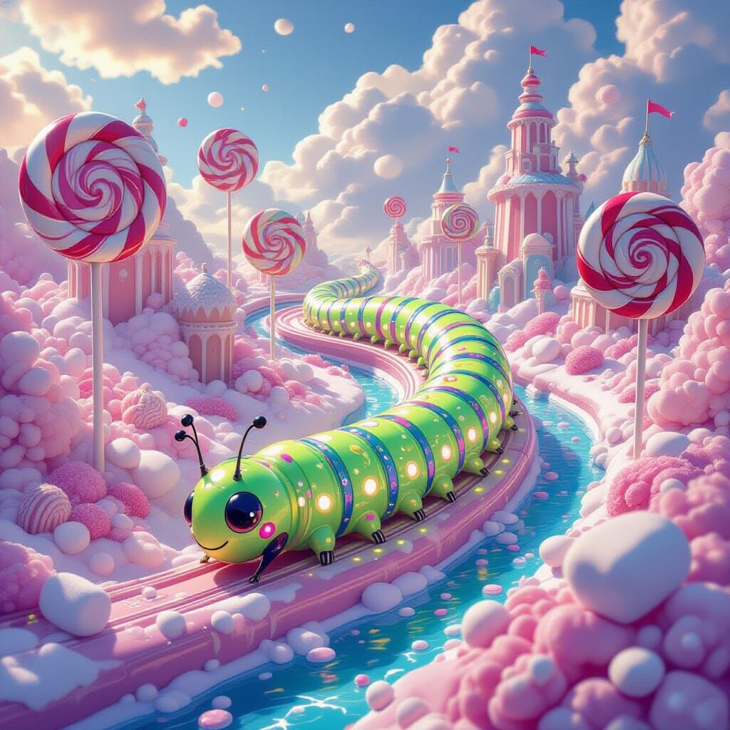 A bioluminescent caterpillar with vibrant green, red, and blue segments, embarking on an epic journey through a whimsical candy land.