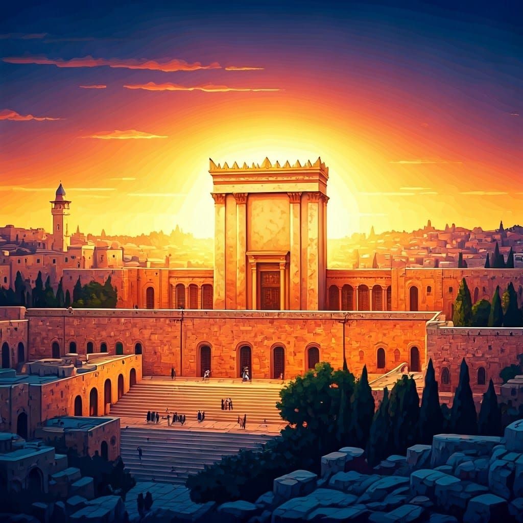 Jerusalem Temple Sunset in Dreamlike Illustration Style