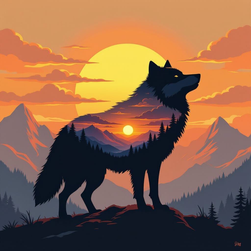 Wolf Silhouette Filled with Sunrise Landscape