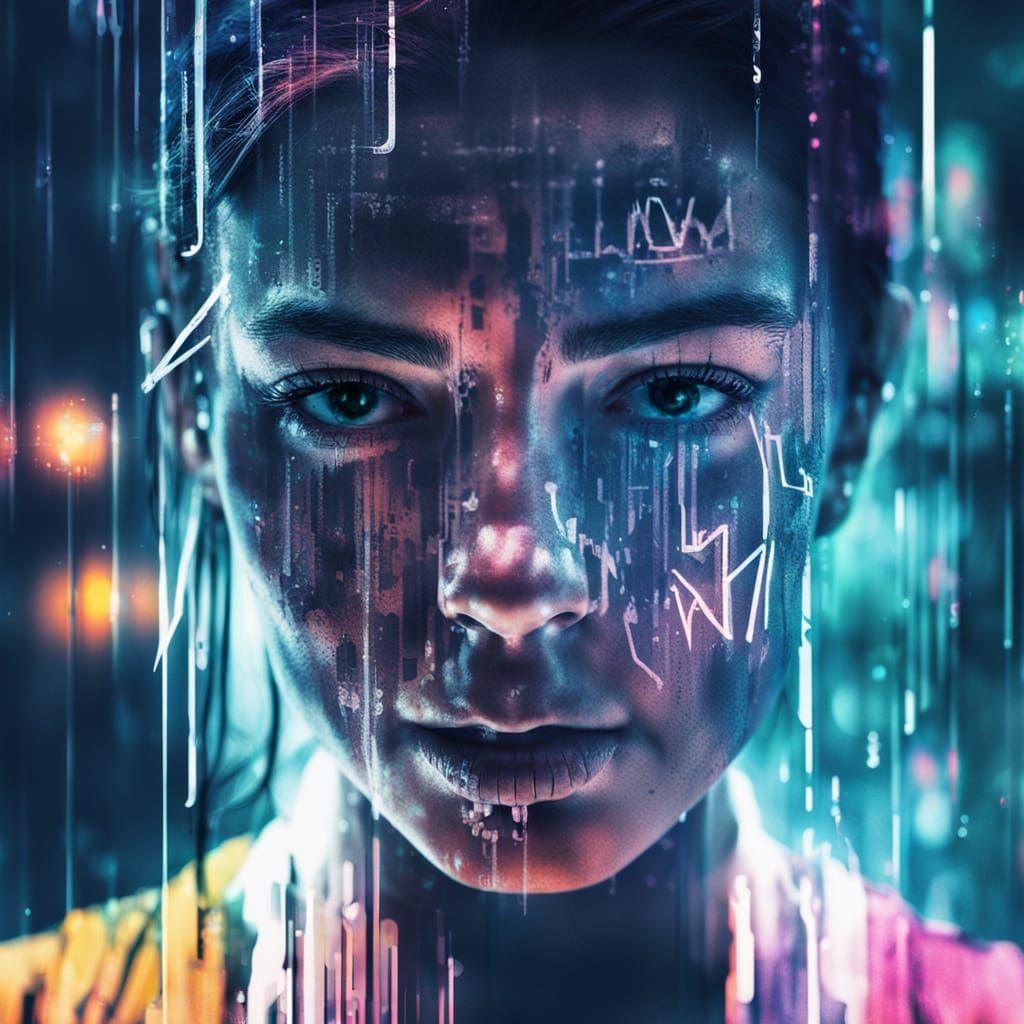 Mysterious mystical semi transparent  cyberpunk female face, written in water typography. Alternate timeline, cyberpunk., extraordinary colo...