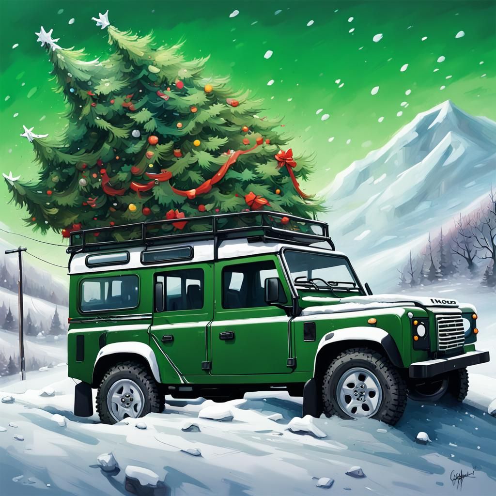 Land Rover defender on a hill with snows with Christmas trees AI