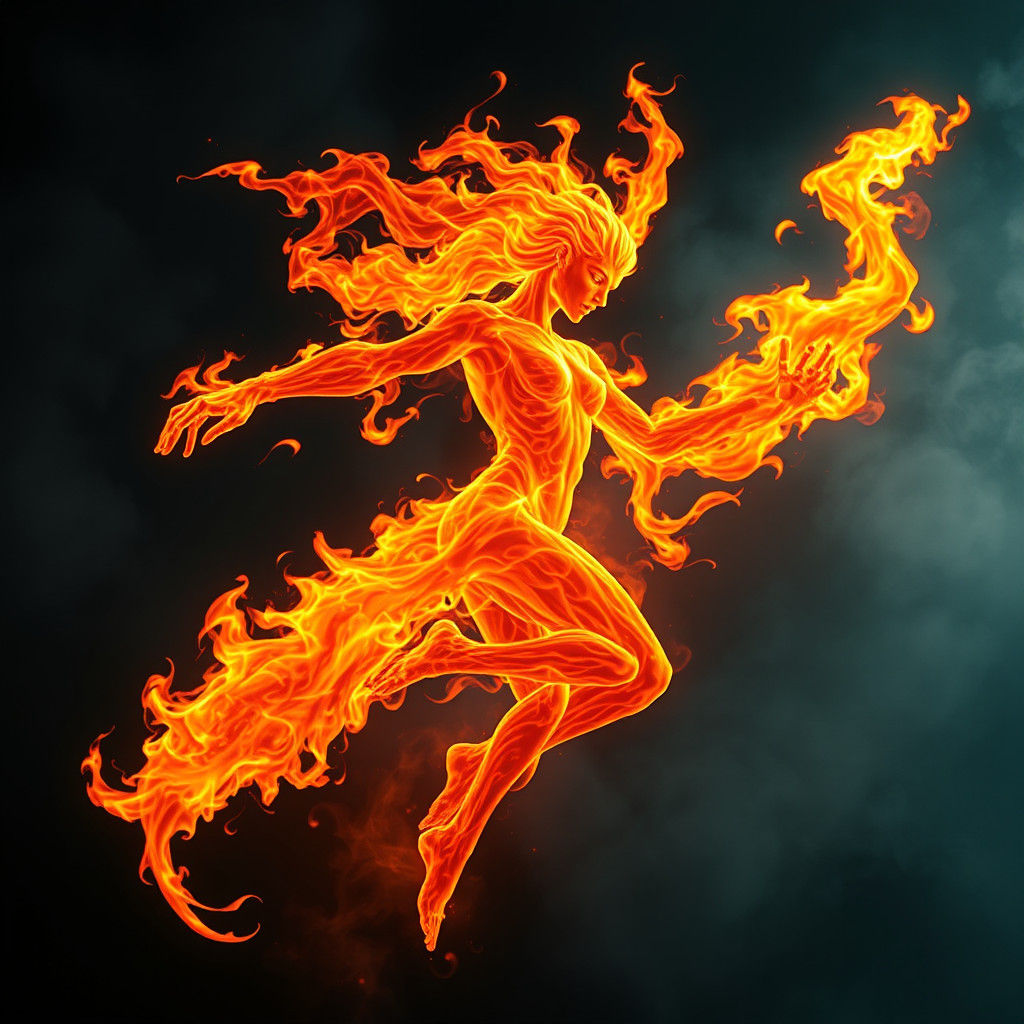 Ethereal Fire Figure Dancing in Dark Flames