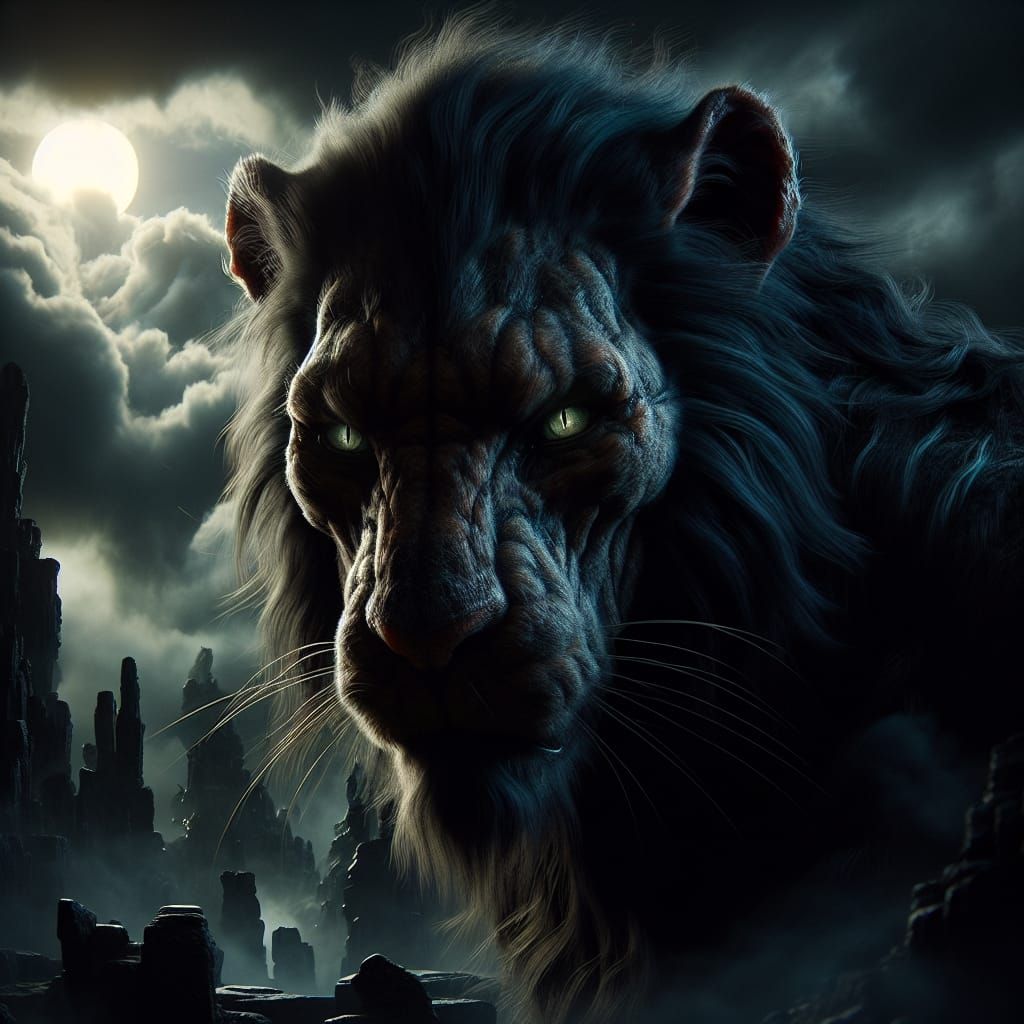 Scar from disney 'Lion King', menacing pose, signature scar over his left eye, dark mane, and green eyes glowing ominous...