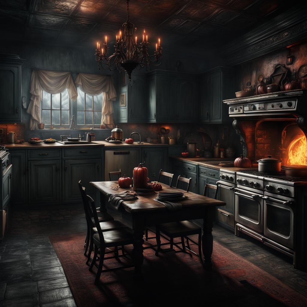 concept art of a dark victorian kitchen, at night, g