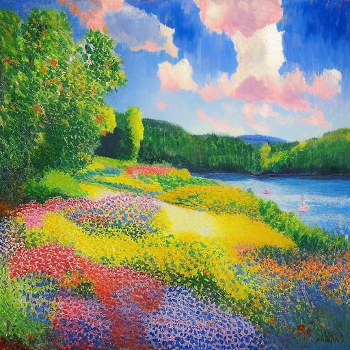 <lora:Pointillism:0.7> English village trees flowers lake sun clouds