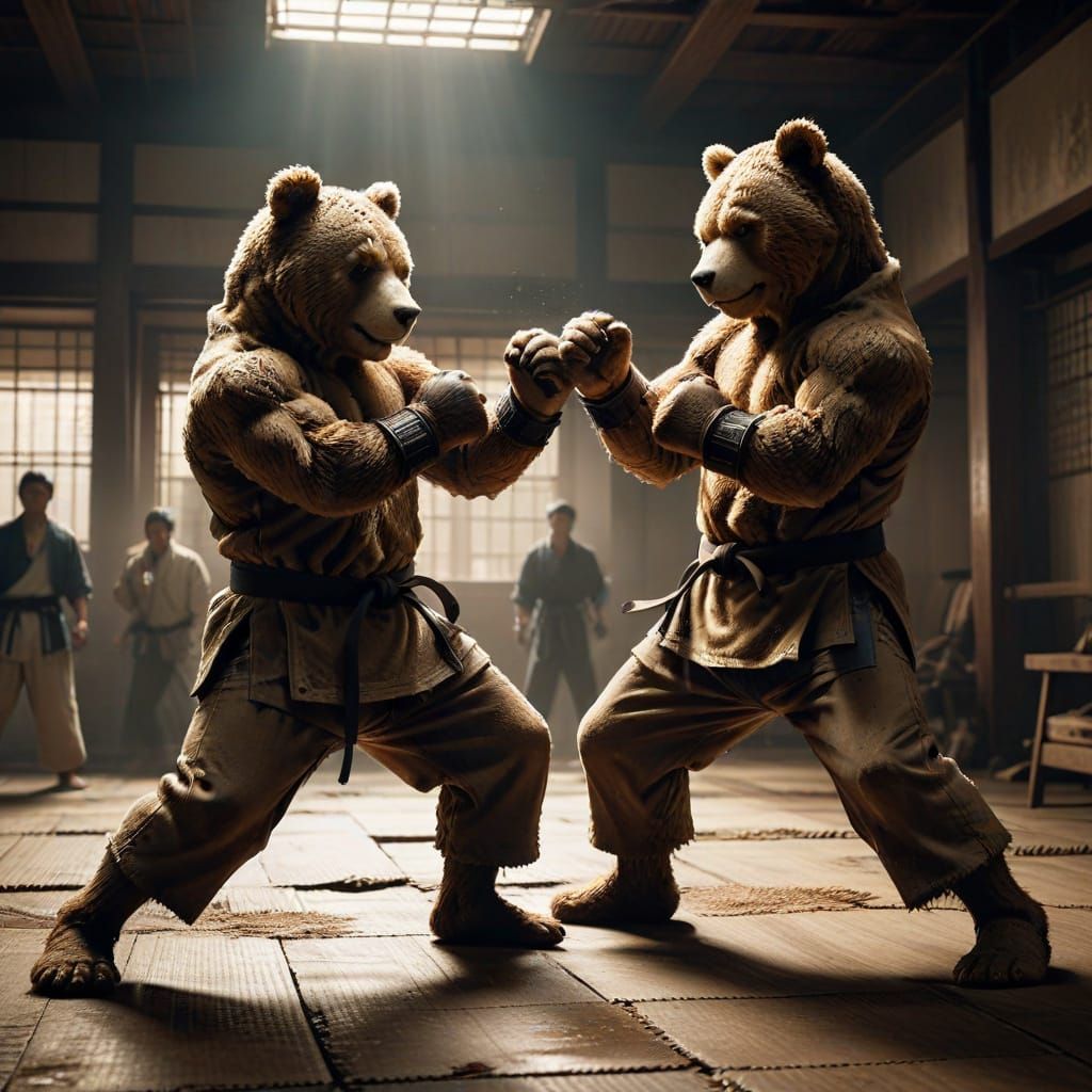 Martial Arts Teddy Bears Sparring in Dojo
