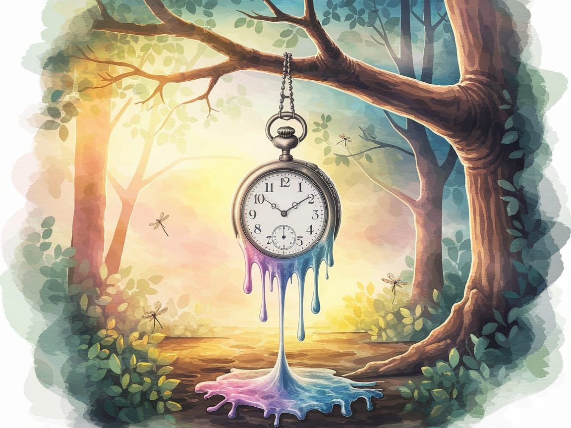 Surrealism. Medium shot. A vintage pocket watch hangs from a tree branch, its metal casing melting and ...  by @Missysmom