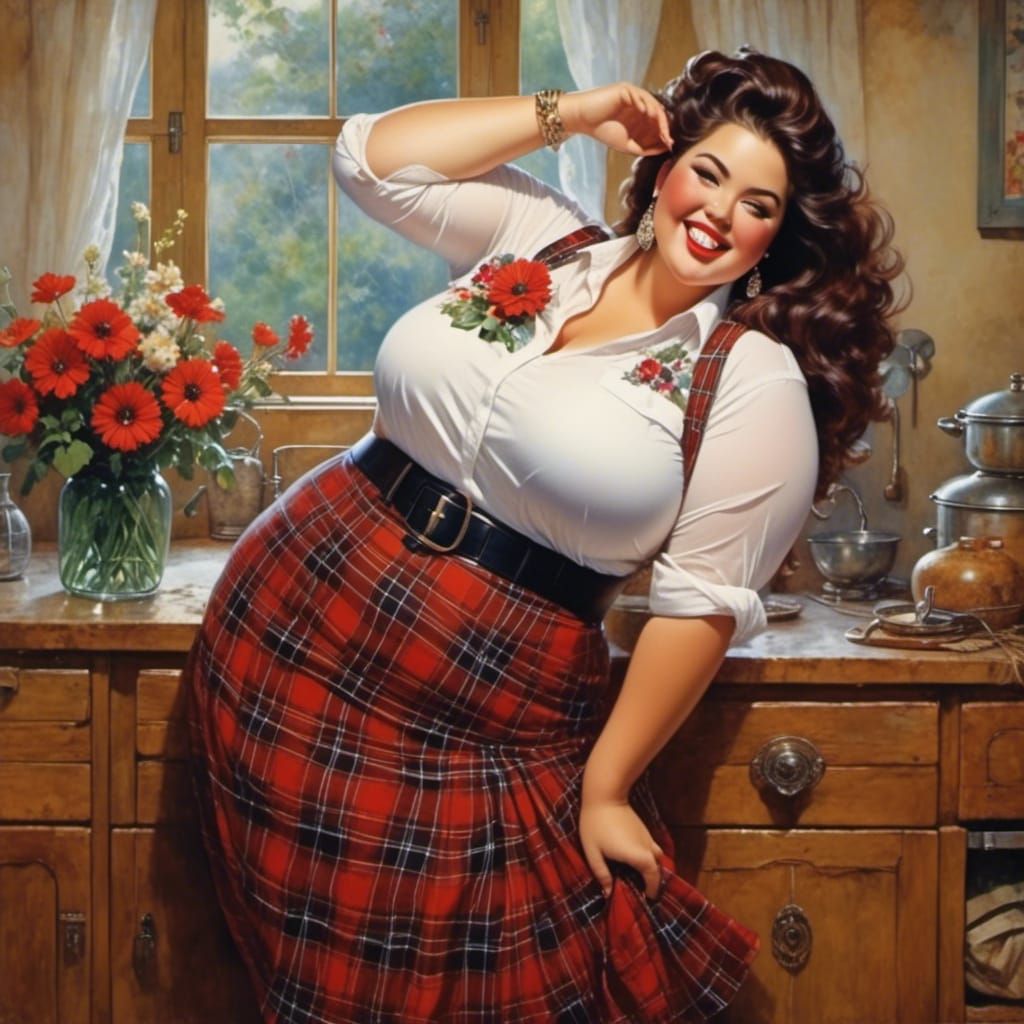 Gorgeous natural thick curvy smiling woman in a plaid skirt, sheer white shirt, and a flower broach. Showing herself off. <lora:Soft Curves:...
