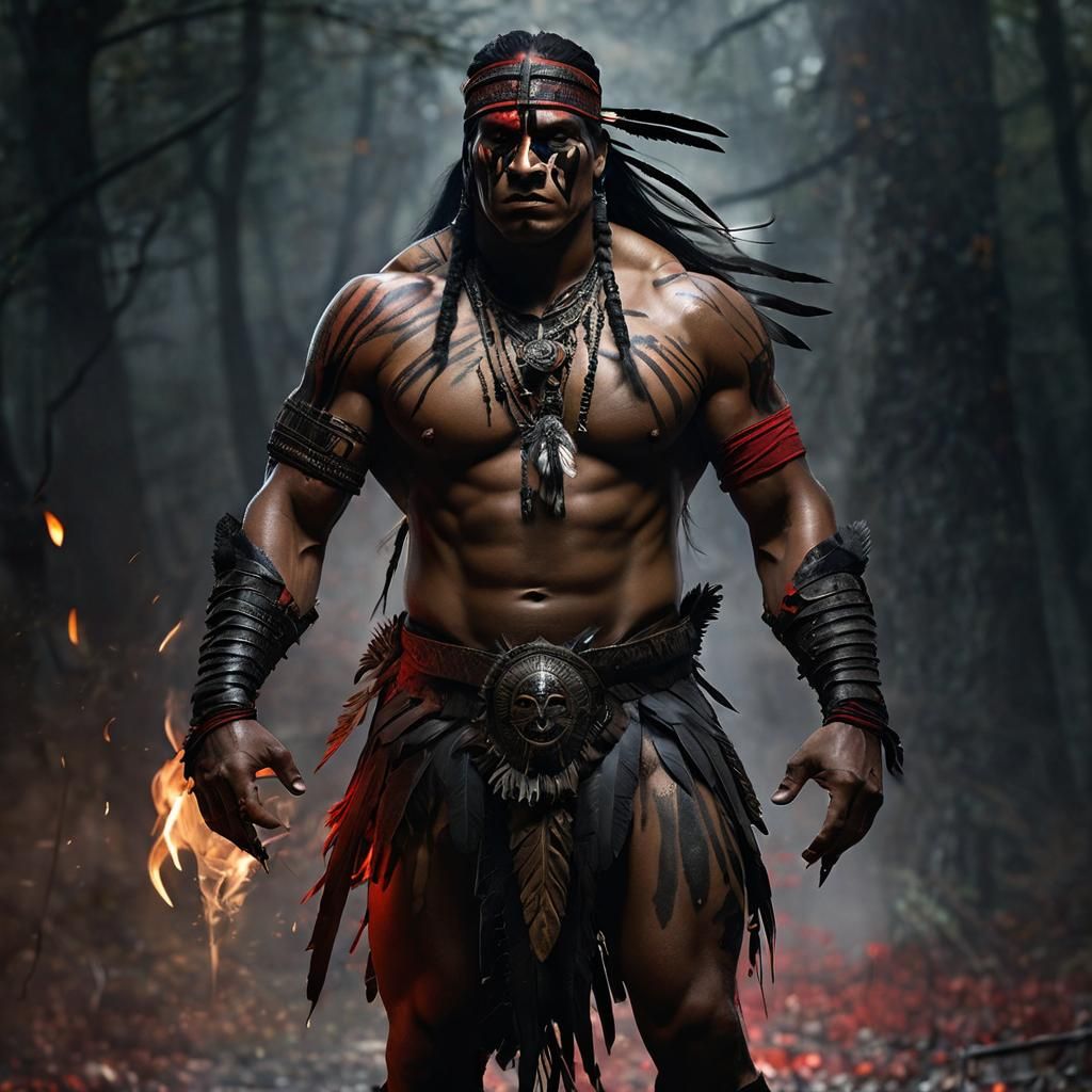 Mid-50s native american man as a primitive warrior.wearing a black crow headdress,black and red war paint,  muscular body , wearing native a...