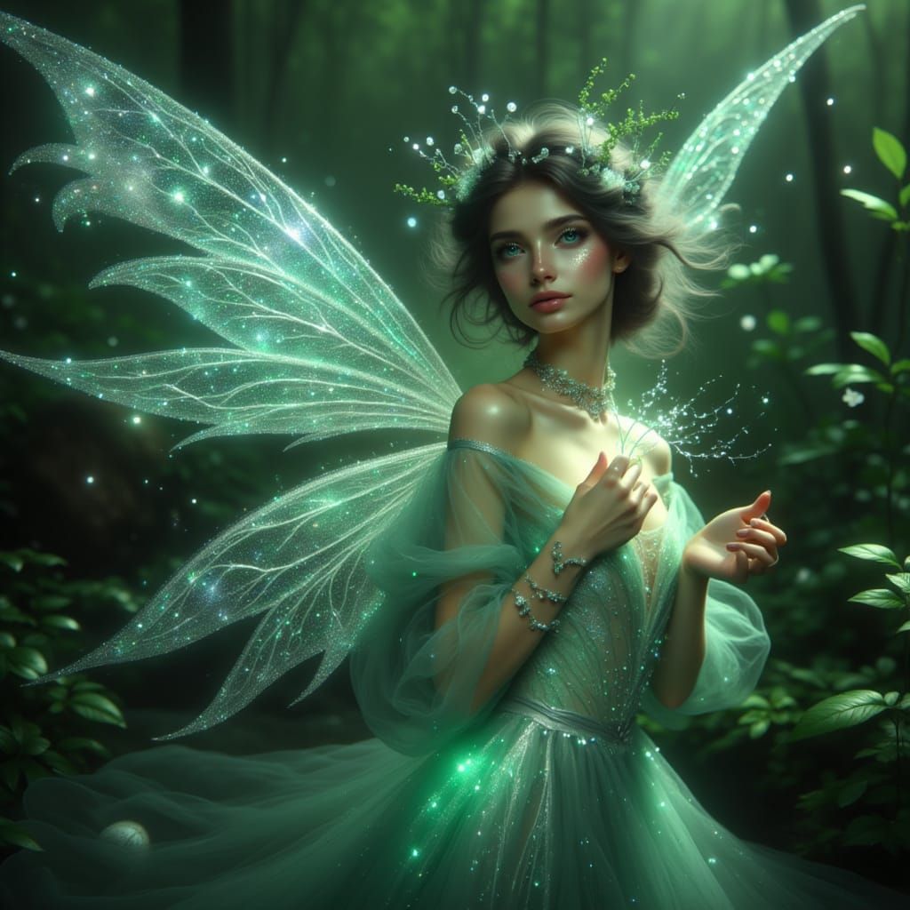<lora:Ethereal fairy:1.0> An ethereal fairy surrounded by twinkling dust in shades of  silver, and green