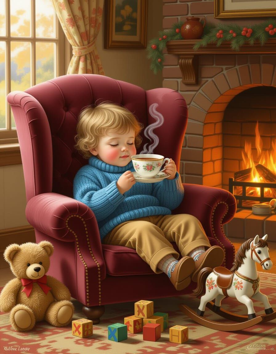 A plump child reclines peacefully in an armchair, drinking tea from a small cup. The child is surrounded by randomly scattered objects and t...