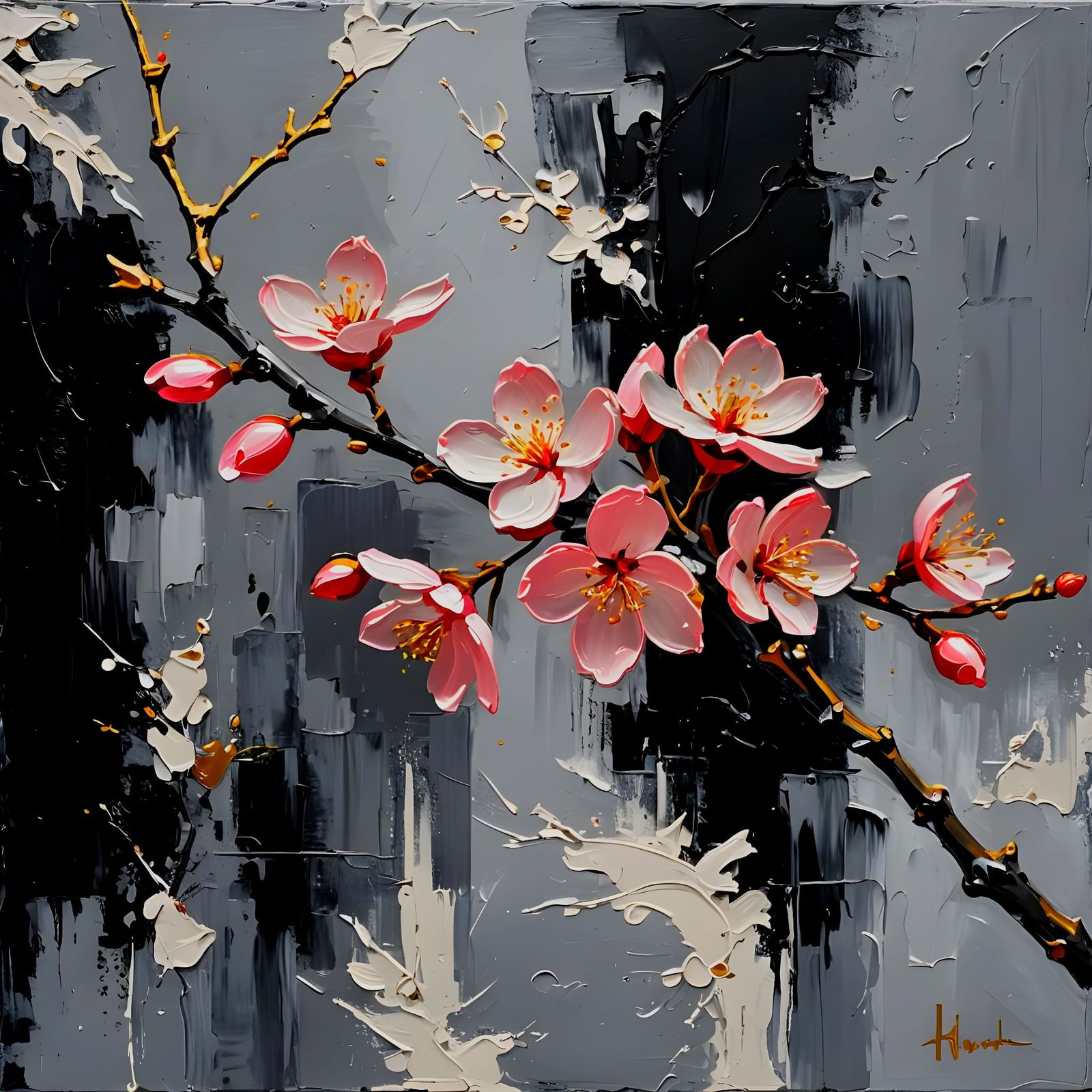 Cherry Blossom Branch on Grey Background, Oil on Canvas  by @Jane77755