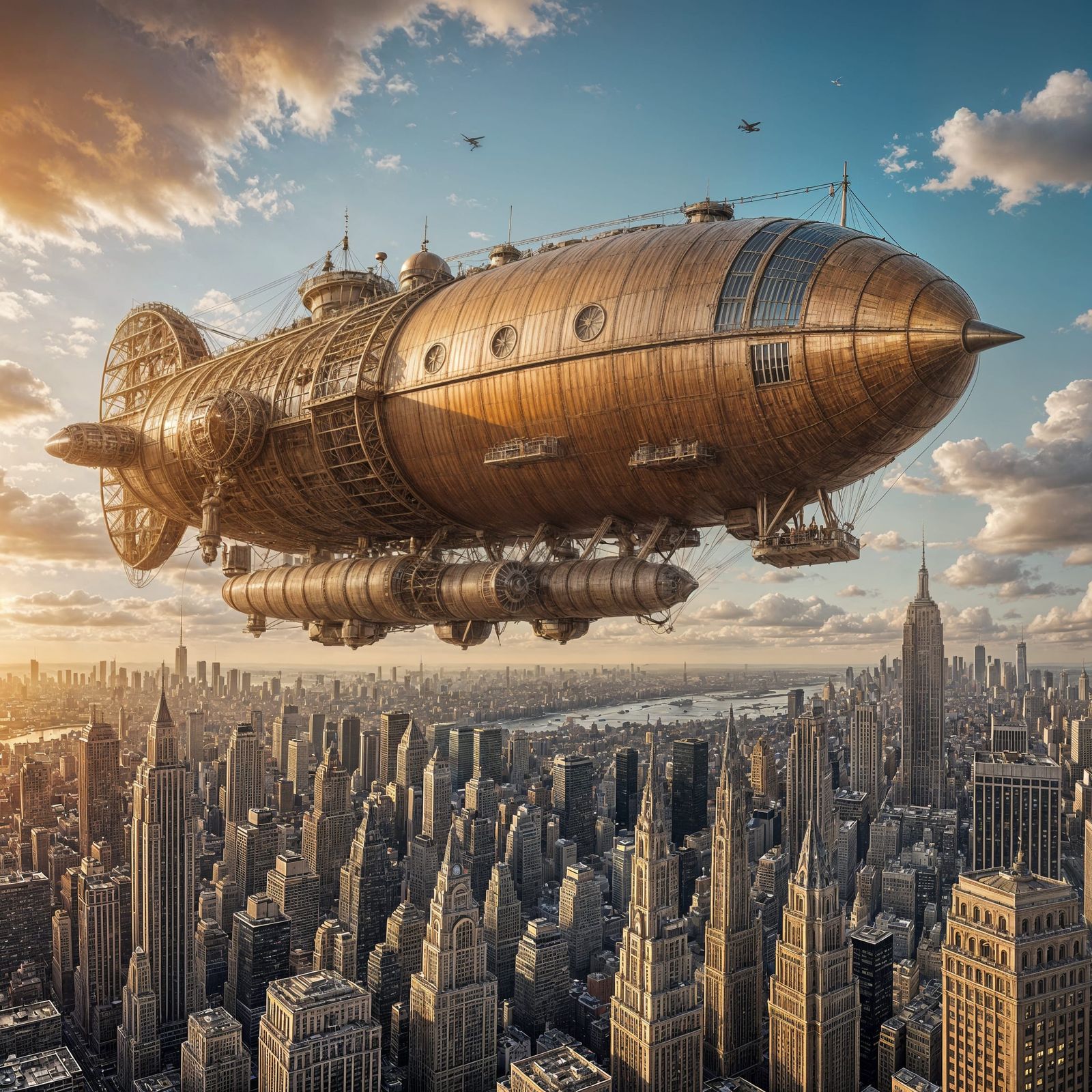 Steampunk Airship Over 1900s Manhattan at Sunrise
