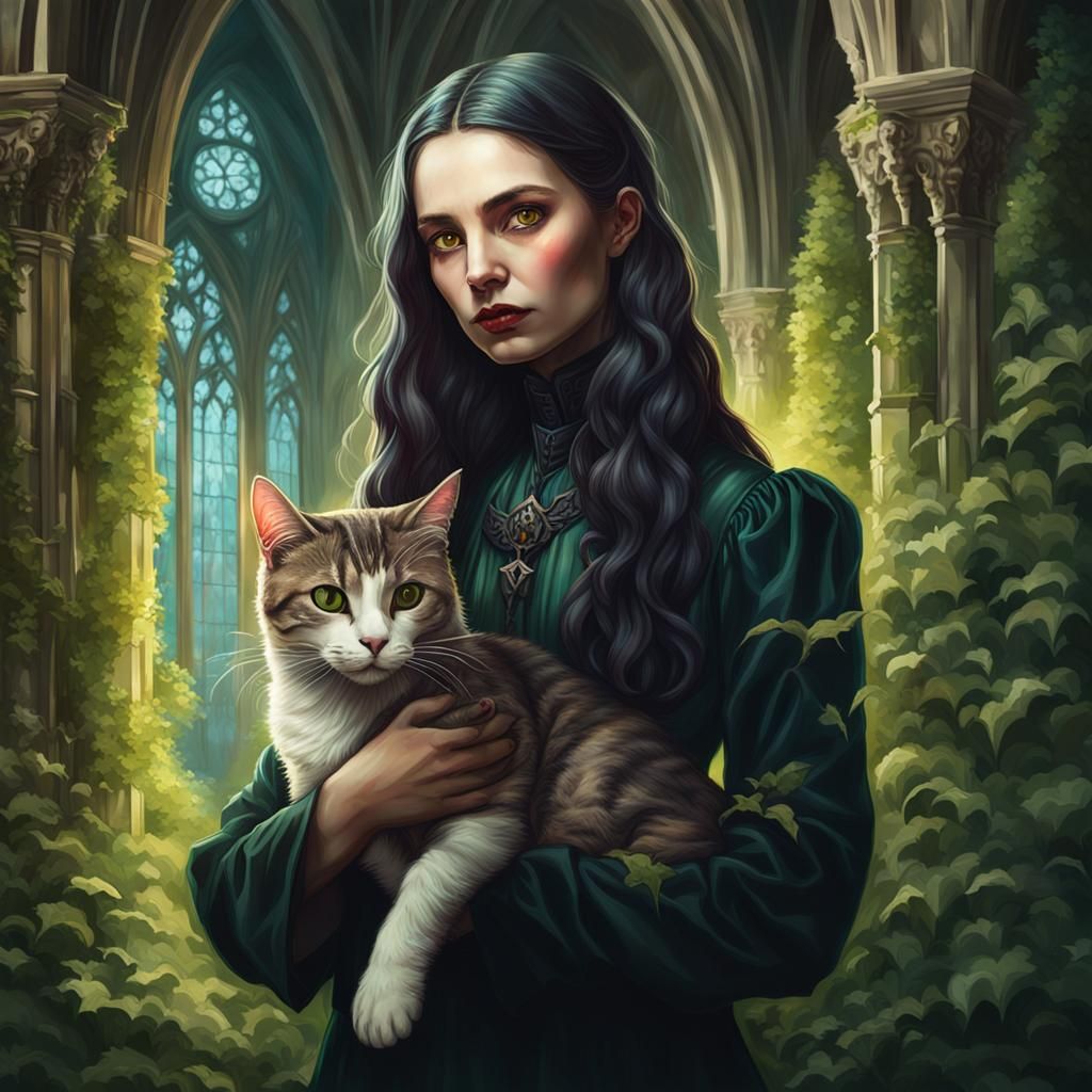 Portrait of Vampire woman holding a cat in verdant overgrown...