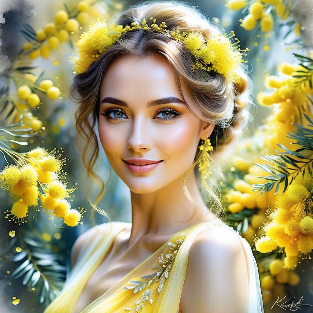 Beautiful bridesmaid in yellow sheer dress among mimosa flowers
