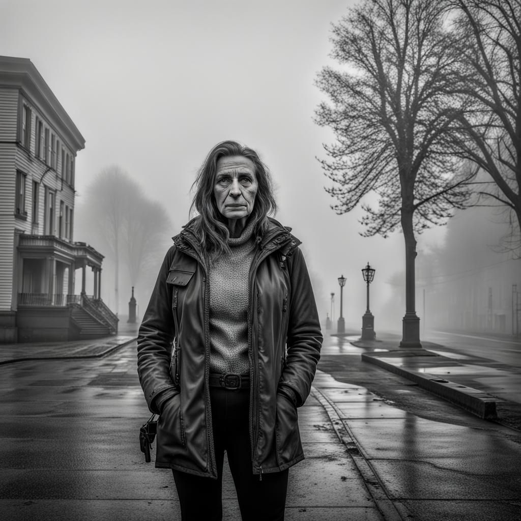 Eva O stands in the centre of Lewiston on a foggy day.