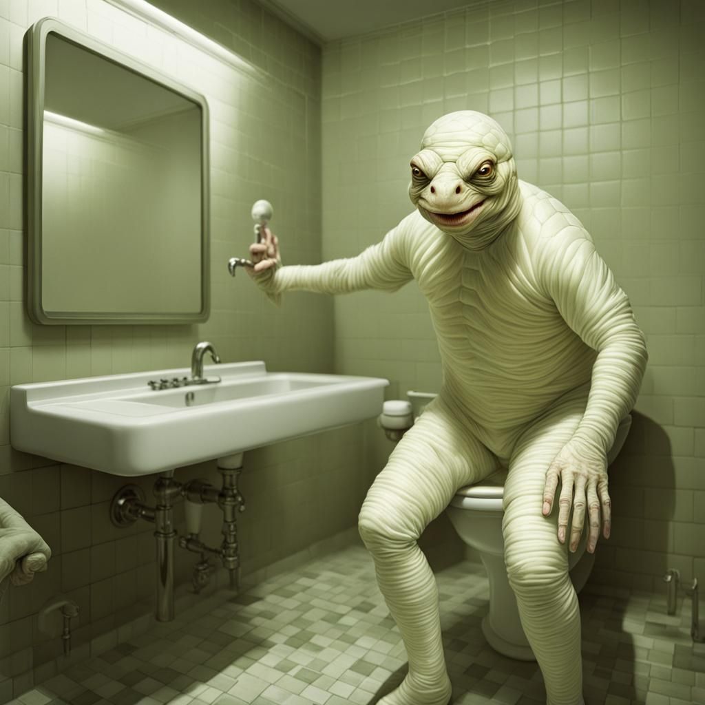 Creepy albino man wearing a turtle suit in the bathroom