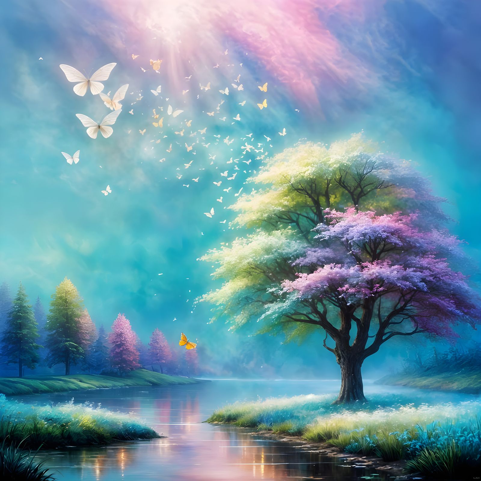 A beautiful white tree with neon butterflys flying around. High resolution.   by @Irene