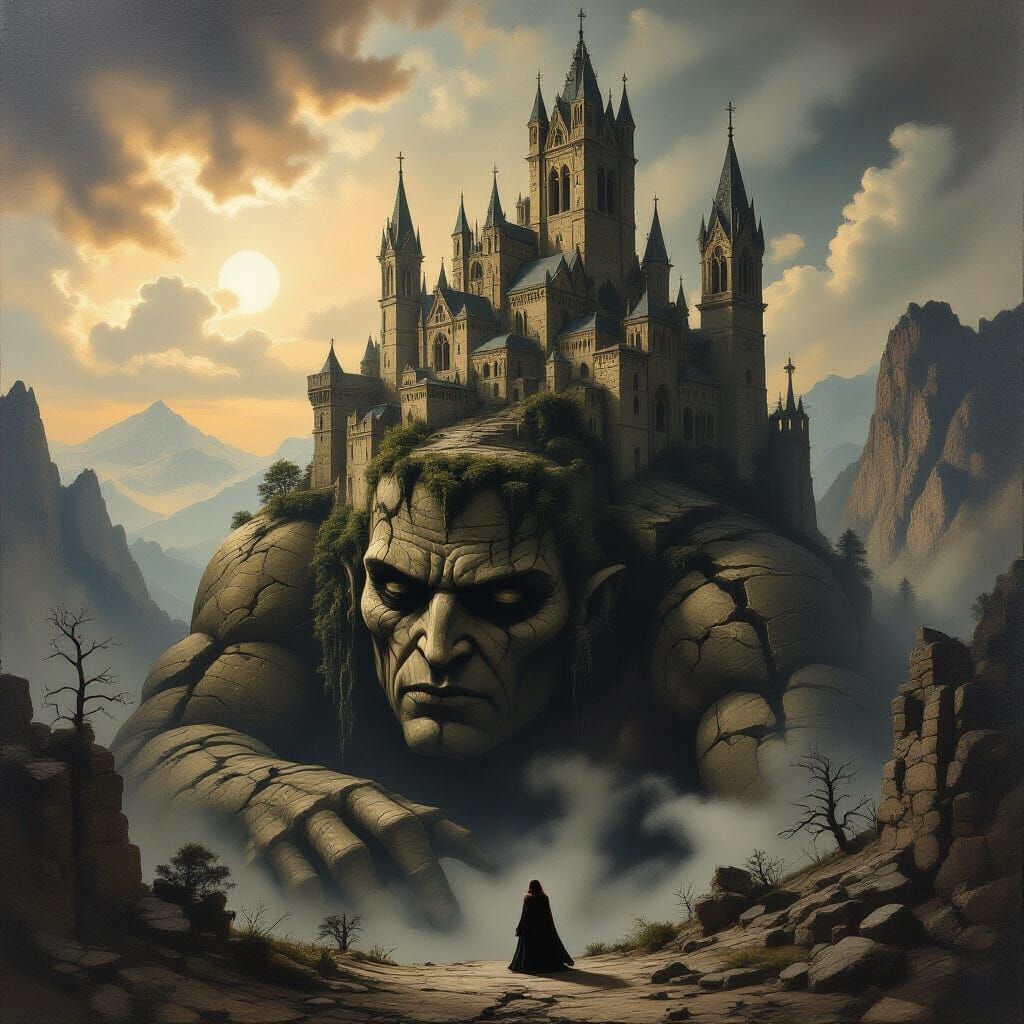 Gothic City on Stone Titan in Caravaggio Style