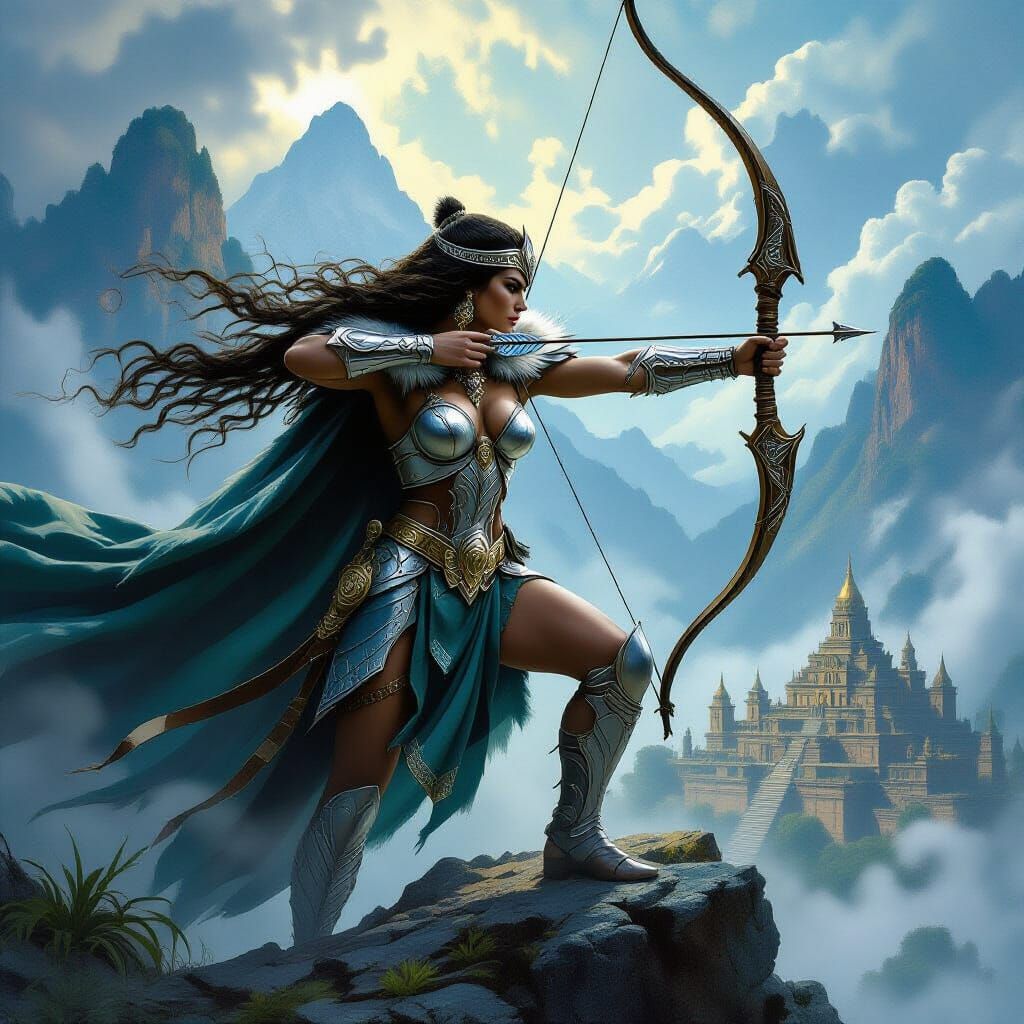 A fierce Amazonian warrior queen, clad in gleaming armor and a flowing fur cape, stands atop a mist-shrouded mountain peak, overlooking a sp...