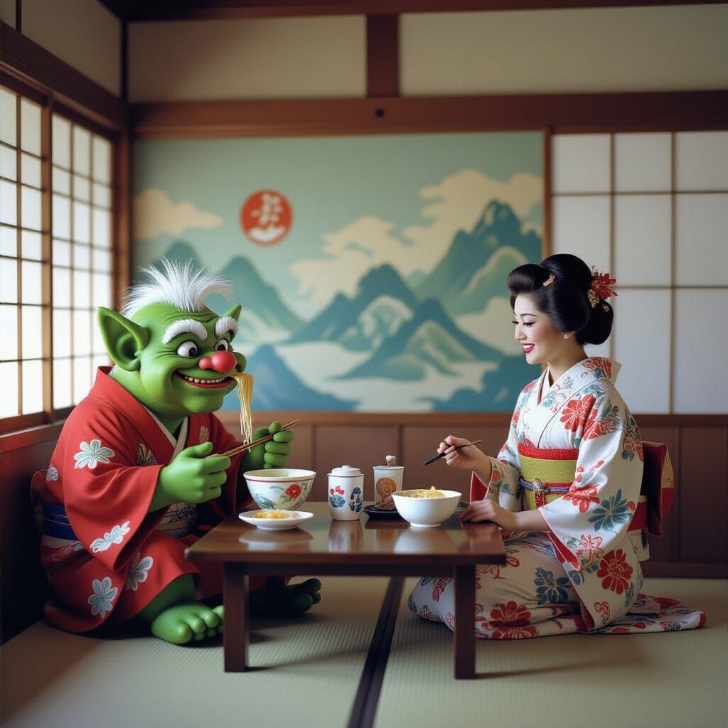 Troll Eating Ramen in 1940s Japanese Room