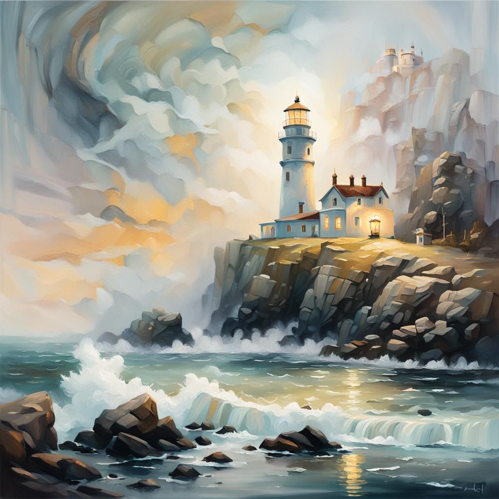 lighthouse in the foggy night by Erin Hanson and Carne Griffiths  by @GRAZYNA-BARBARA