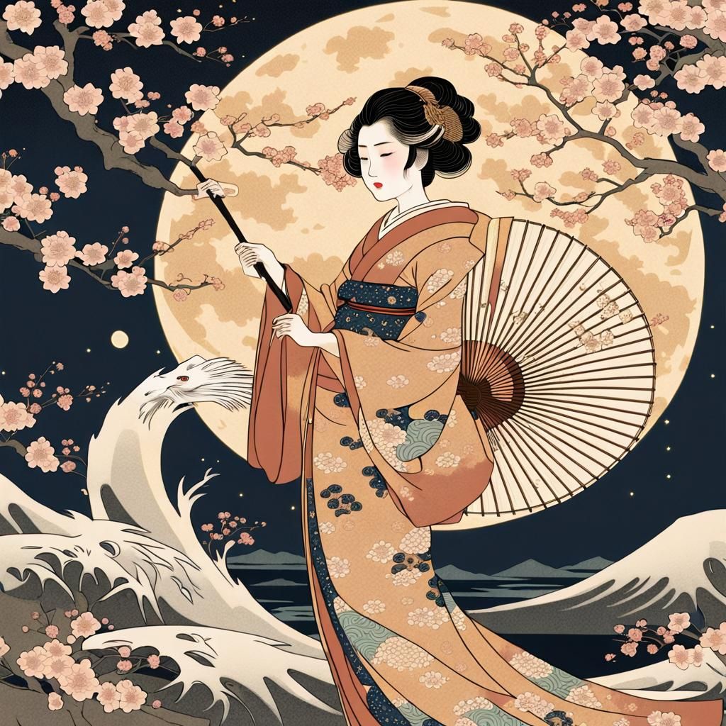 Ukiyo-e style illustration featuring a traditional Japanese woman in a flowing kimono  by @Richard Foleher