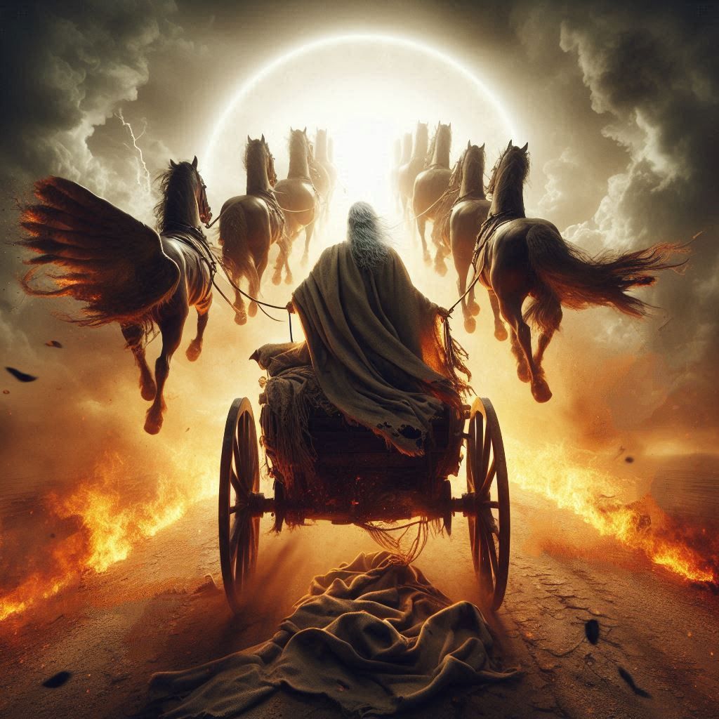 Elijah in a chariot of fire ascending toward heaven, leaving...