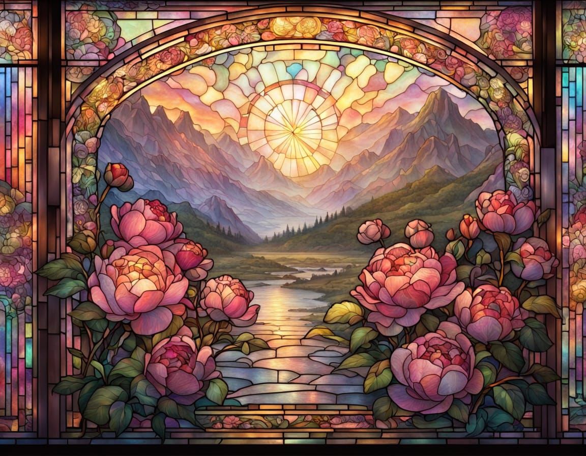Iridescent Peonies in Stained Glass Art Nouveau Style