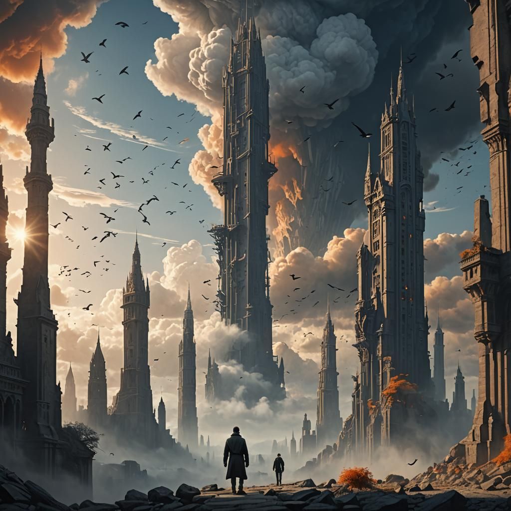 Contemplation: Birds Above Towers in Matte Painting Style
