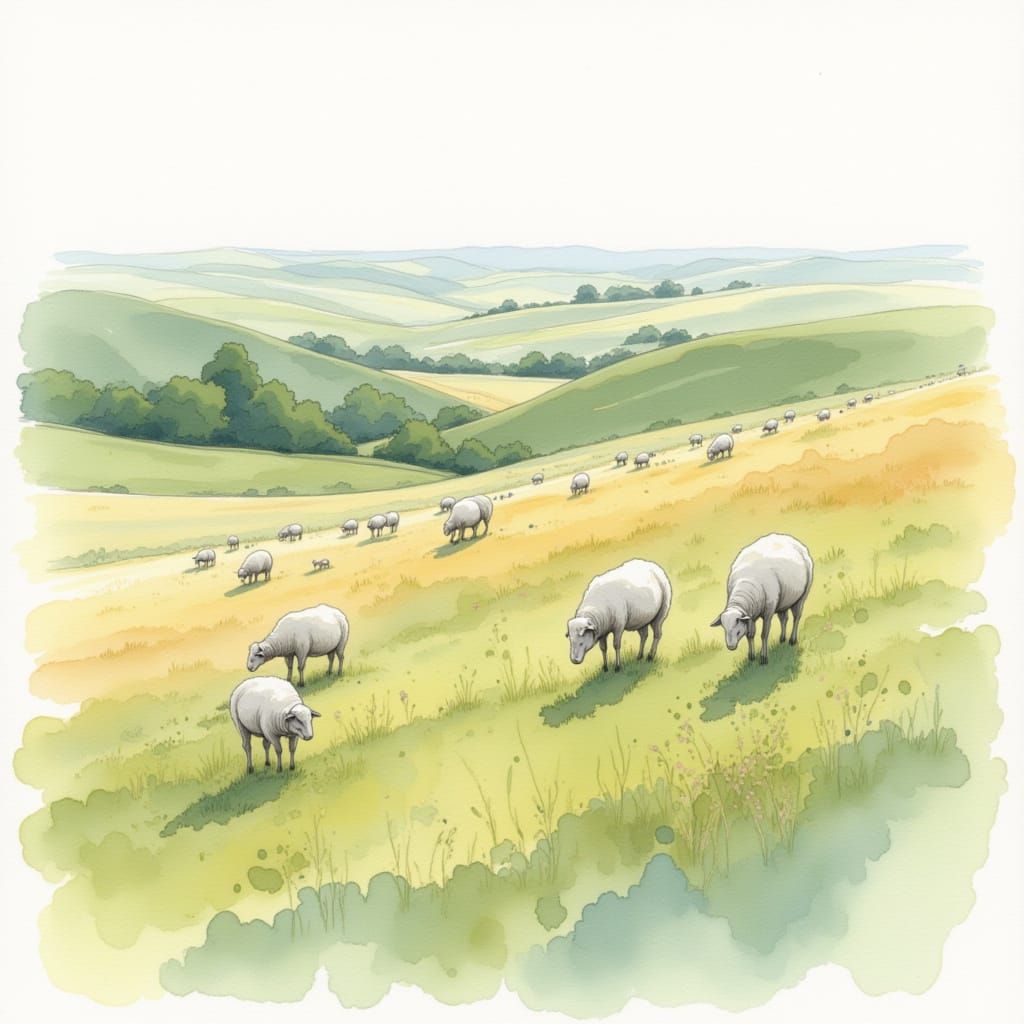 A rolling countryside hillside dotted with grazing sheep, soft flowing watercolor wash, gentle green and ochre gradients, light pigment bloo...