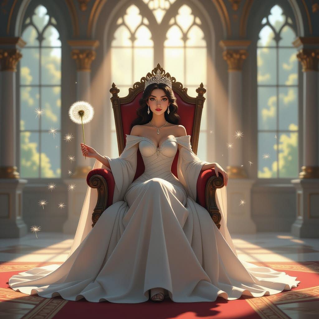 In the spirit of Masterpiece Monday, depict a regal queen seated on a throne within a grand, enchanted ballroom. Sunlight streams through va...