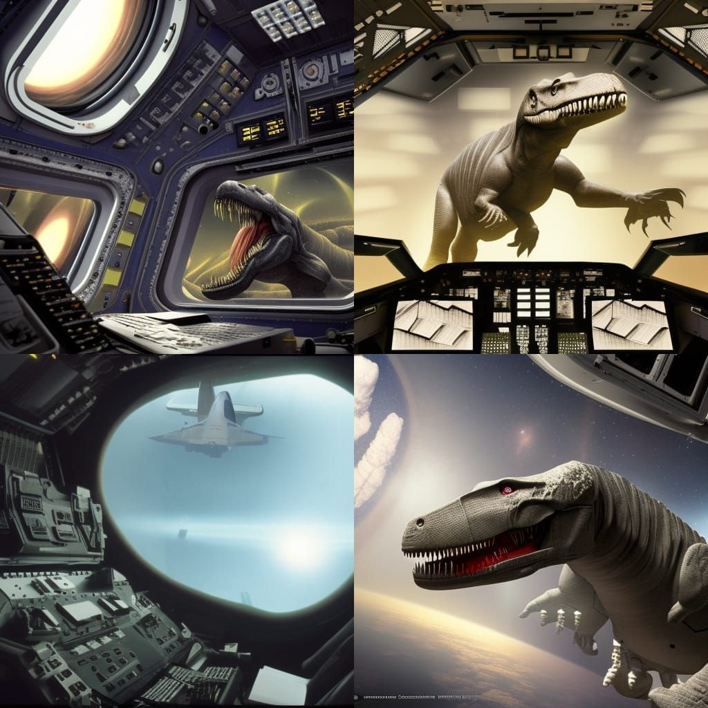 smiling tyranasaurus rex in cockpit of a space shuttle at th...